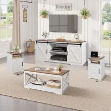 4 Piece Farmhouse Coffee Table Set with 66 in TV Stand & 2 End Tables
