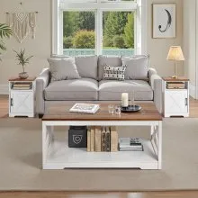 3 Piece Farmhouse Coffee Table Set 40 in with 2 End Table for Living Room