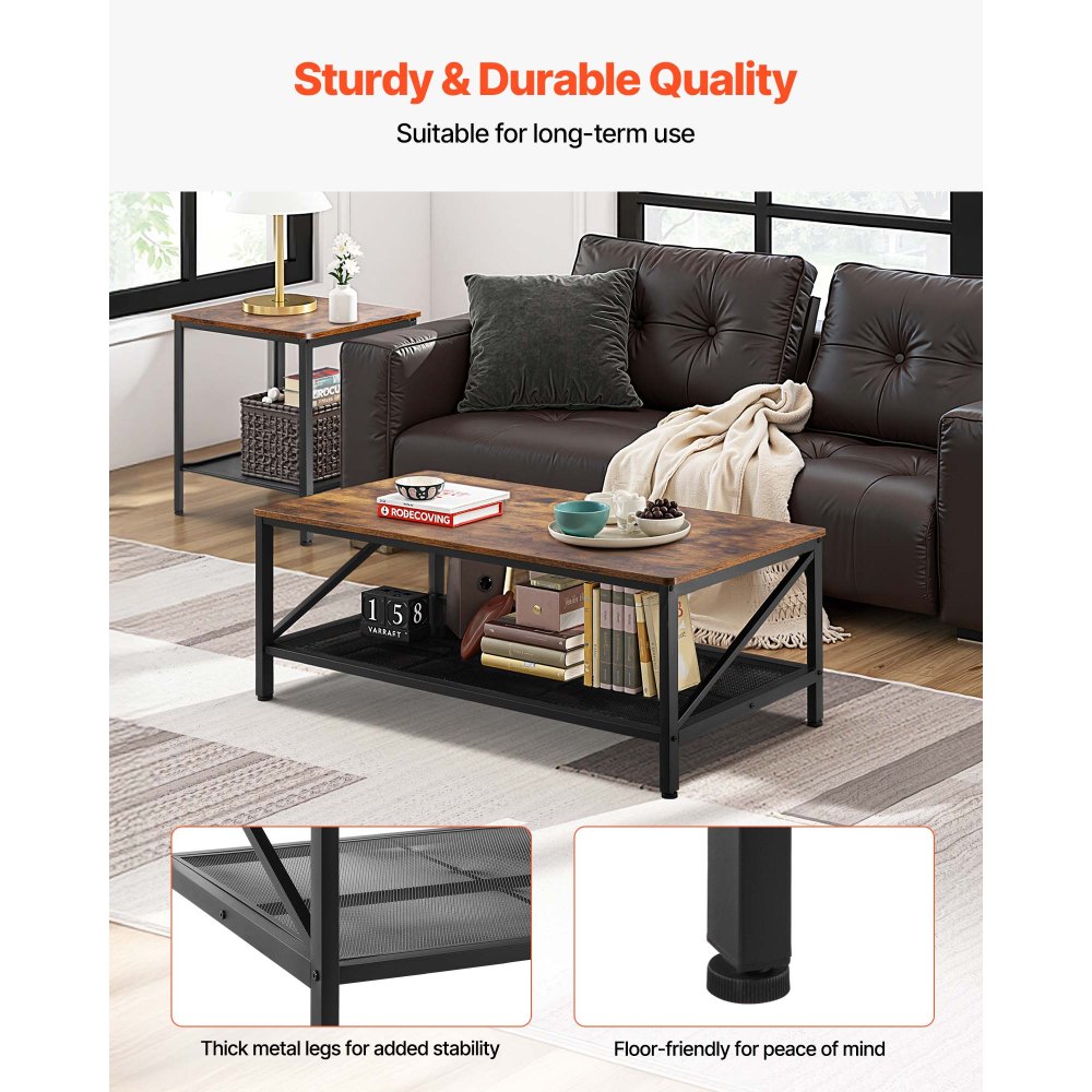 VEVOR 3 Pieces Living Room Table Sets, 41.3 in Industrial Coffee Table with 2 Square End Side Tables, Easy Assembly Coffee and End Tables Sets with Metal Legs, for Office, Living Room & Apartment