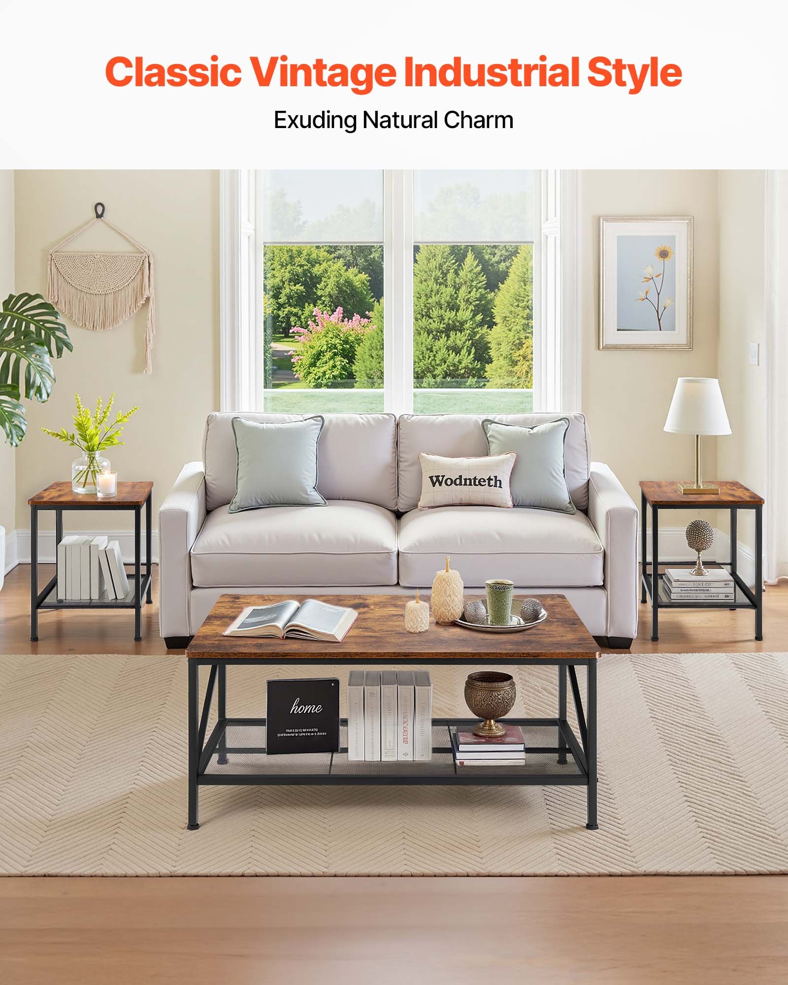 VEVOR 3 Pieces Living Room Table Sets, 105 cm Industrial Coffee Table with 2 Square End Side Tables, Easy Assembly Coffee and End Tables Sets with Metal Legs, for Office, Living Room and Apartment