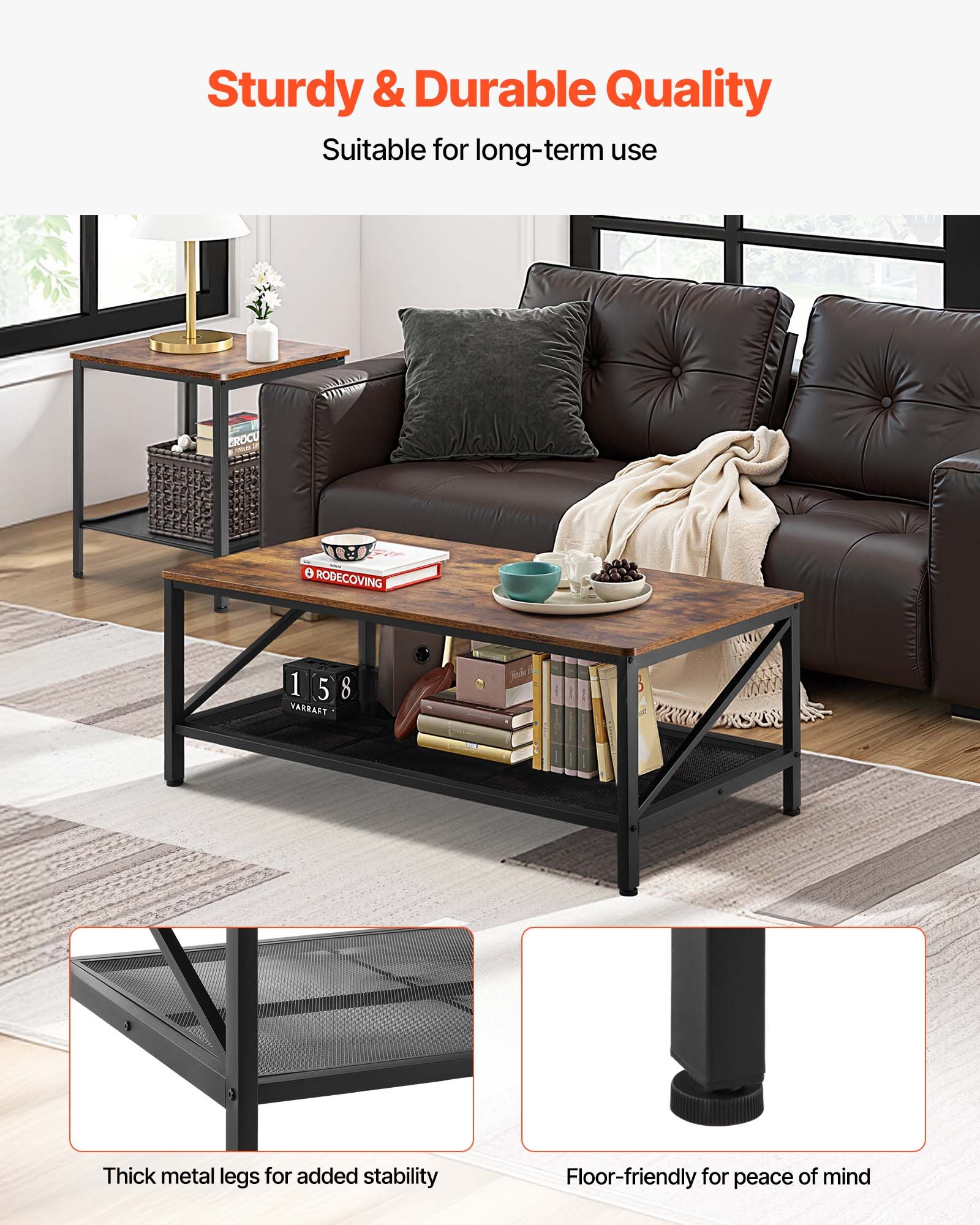 VEVOR 3 Pieces Living Room Table Sets, 105 cm Industrial Coffee Table with 2 Square End Side Tables, Easy Assembly Coffee and End Tables Sets with Metal Legs, for Office, Living Room and Apartment