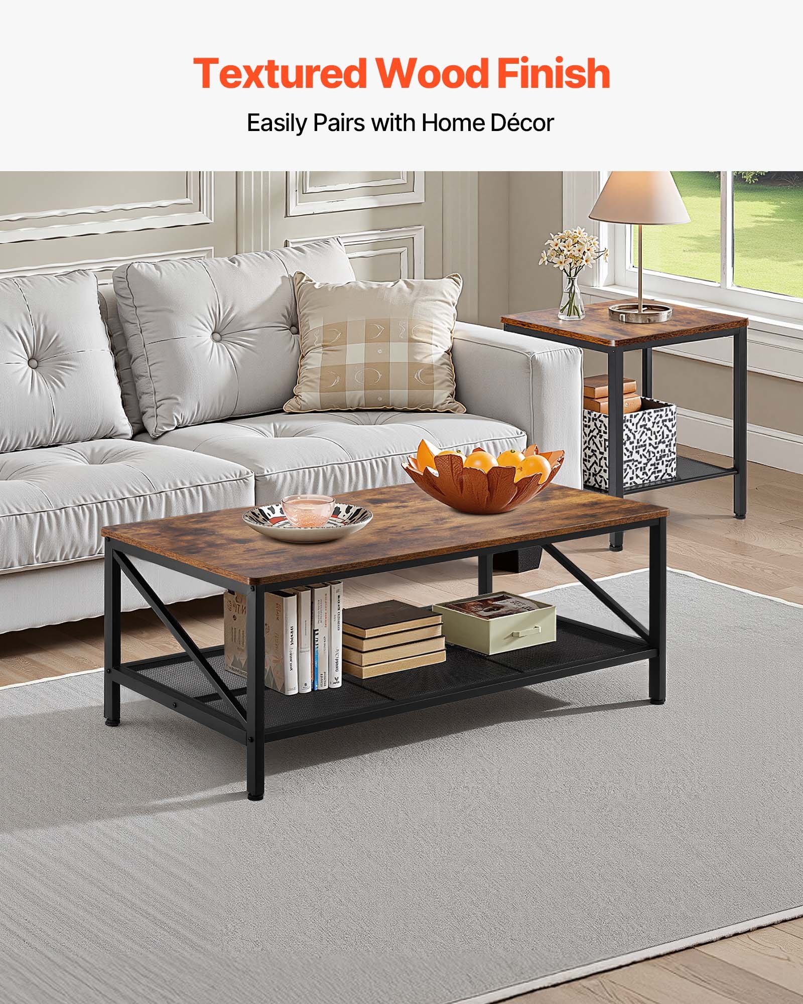 VEVOR 3 Pieces Living Room Table Sets, 41.3 in Industrial Coffee Table with 2 Square End Side Tables, Easy Assembly Coffee and End Tables Sets with Metal Legs, for Office, Living Room & Apartment