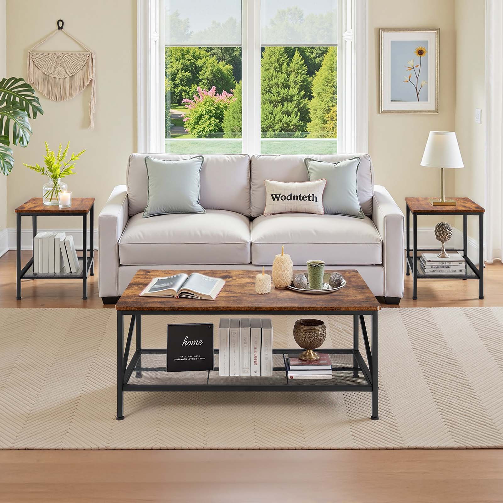VEVOR 3 Pieces Living Room Table Sets, 41.3 in Industrial Coffee Table with 2 Square End Side Tables, Easy Assembly Coffee and End Tables Sets with Metal Legs, for Office, Living Room & Apartment