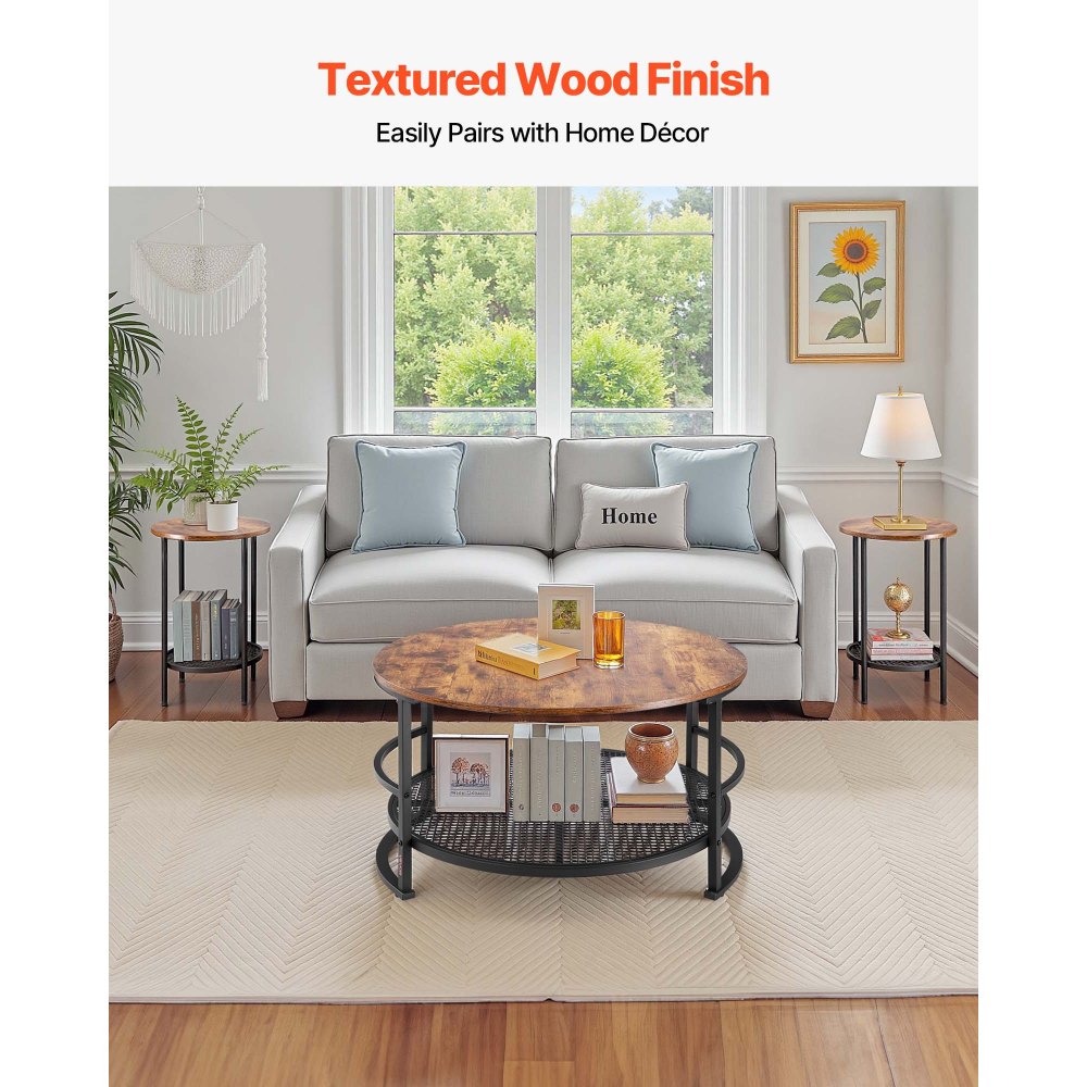 VEVOR 3 Pieces Round Coffee Table Sets, 80 cm Industrial Living Room Table with 2 End Side Tables, Easy Assembly Coffee and End Tables Sets with Metal Legs, for Office, Living Room and Apartment