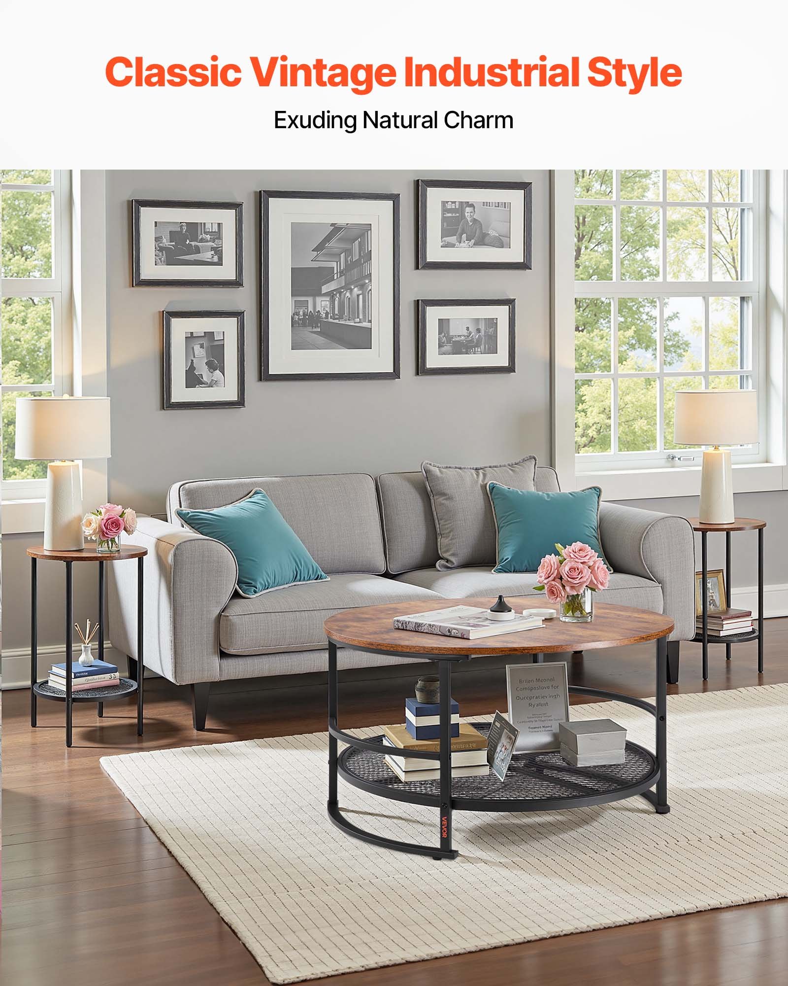 VEVOR 3 Pieces Round Coffee Table Sets, 80 cm Industrial Living Room Table with 2 End Side Tables, Easy Assembly Coffee and End Tables Sets with Metal Legs, for Office, Living Room and Apartment