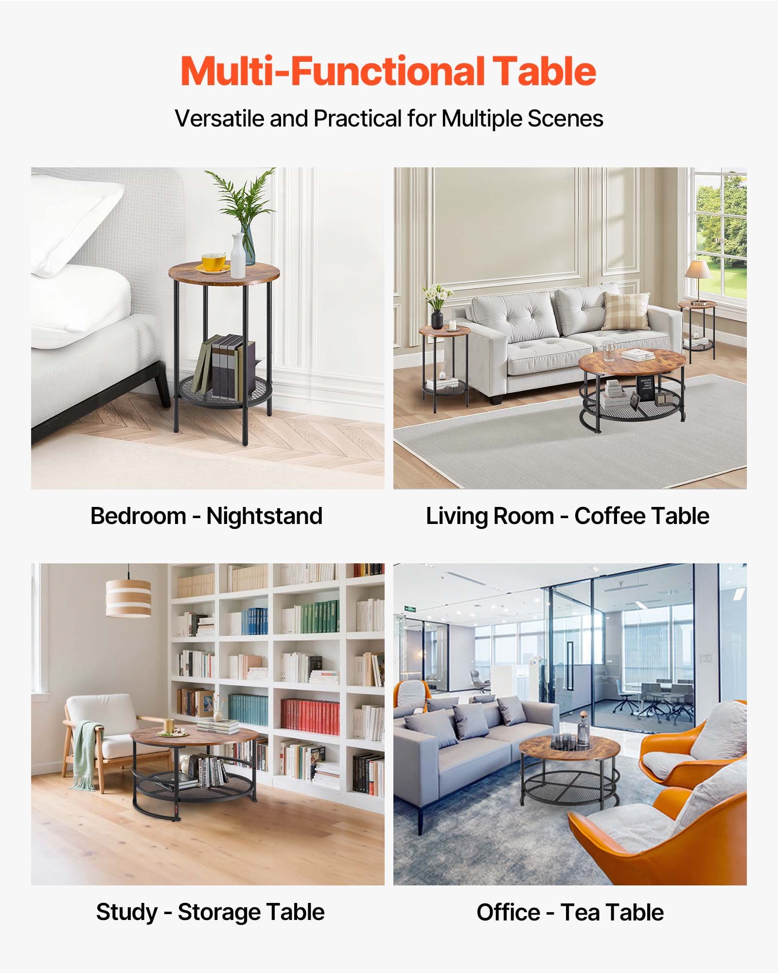 VEVOR 3 Pieces Round Coffee Table Sets, 80 cm Industrial Living Room Table with 2 End Side Tables, Easy Assembly Coffee and End Tables Sets with Metal Legs, for Office, Living Room and Apartment