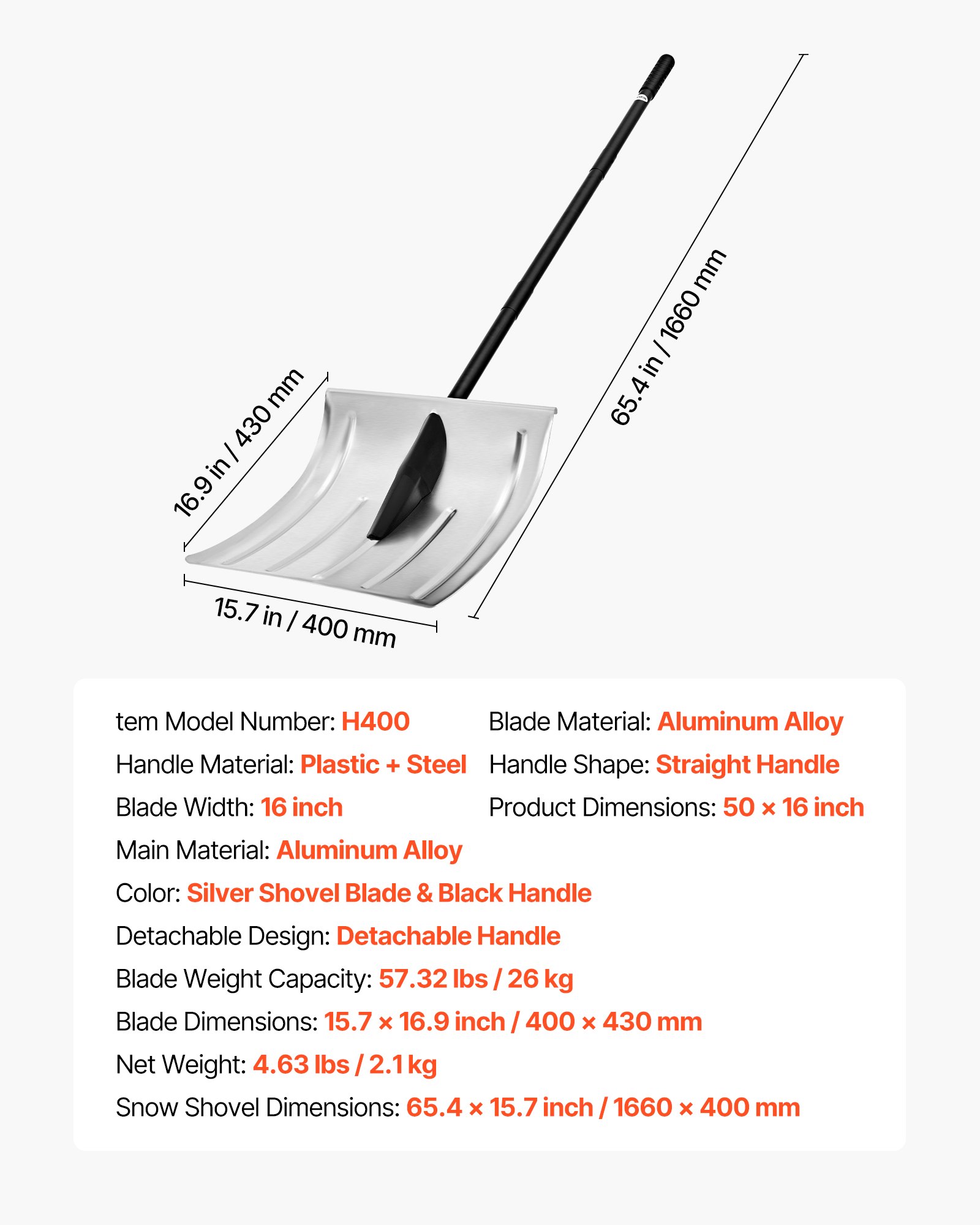 VEVOR Snow Shovel for Driveway, 40cm Wide Aluminum Alloy Snow Shovel, Non Slip Grip, Large Capacity Snowplow Shovels, Detachable & Lightweight Snows Removal Tool for Garden Car Camping Outdoors