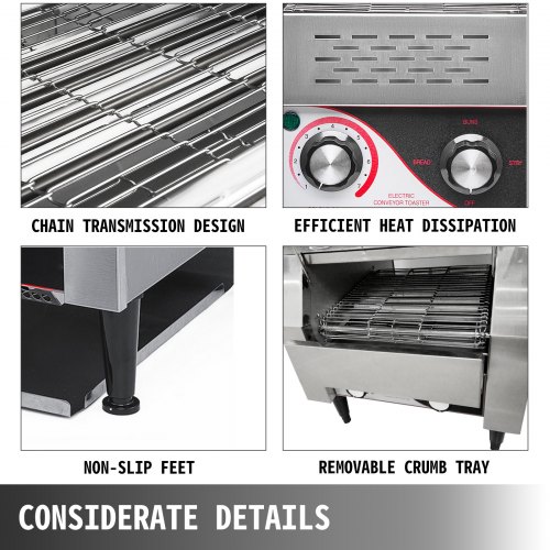VEVOR Commercial Conveyor Toaster, 150 Slices / Hour, 1340W Stainless Steel Heavy Duty Industrial Toasters w/ 7 Speed Options, Countertop Electric Restaurant Equipment for Bun Bagel Bread Baked Food