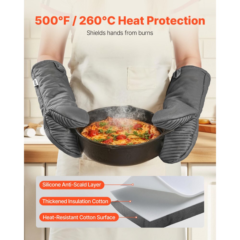 VEVOR Oven Mitts, Mini Oven Mitt Set with Non-Slip Silicone Strips, High Heat Resistant to 500℉, Lightweight Cotton Baking Mitts 13.07 x 6.1 inch with 2 No-Marks Hooks for Home, Kitchen, 2 Piece