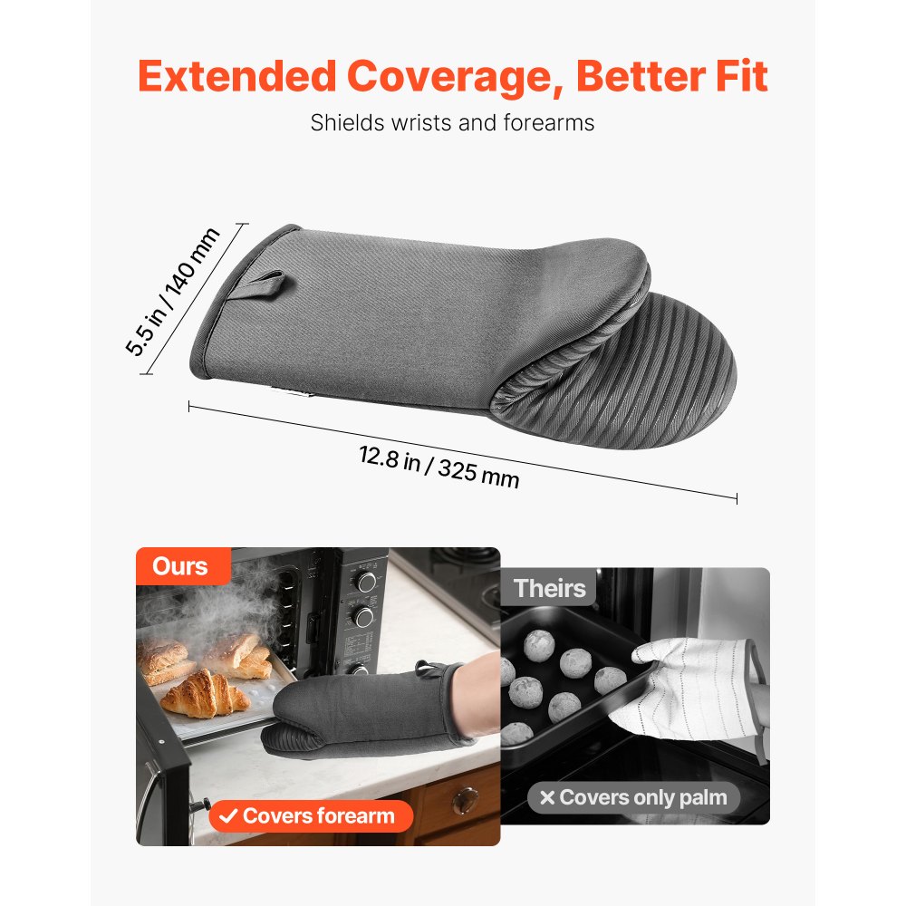 VEVOR Oven Mitts, Mini Oven Mitt Set with Non-Slip Silicone Strips, High Heat Resistant to 500℉, Lightweight Cotton Baking Mitts 13.07 x 6.1 inch with 2 No-Marks Hooks for Home, Kitchen, 2 Piece