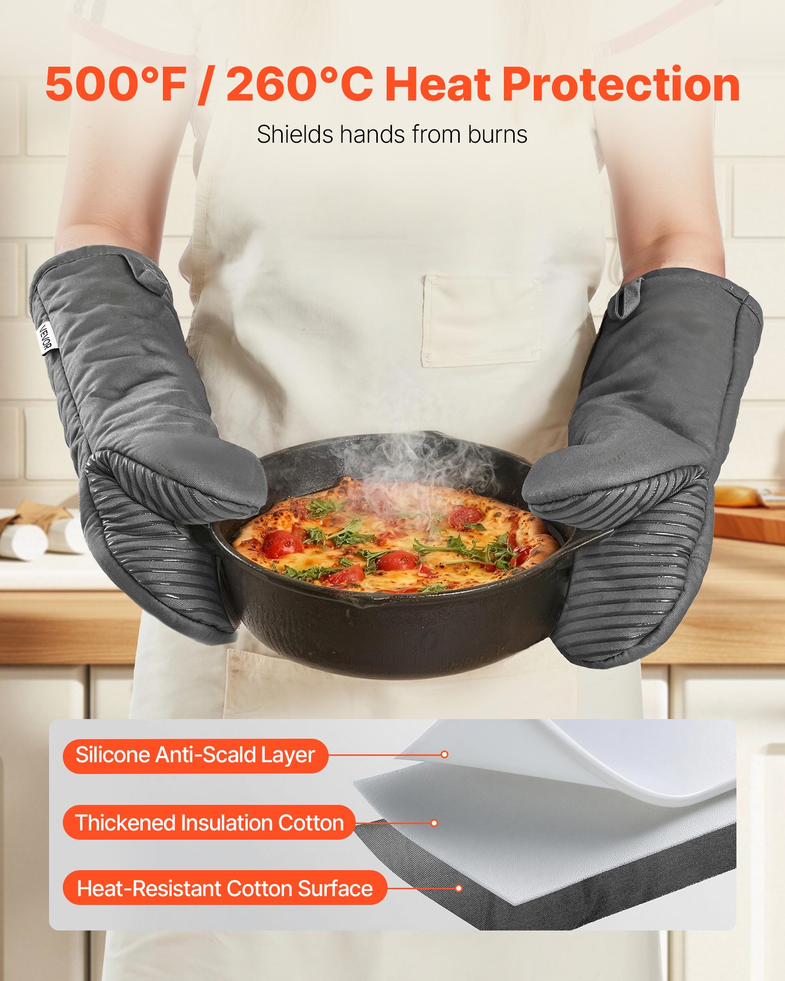 VEVOR Oven Mitts, Mini Oven Mitt Set with Non-Slip Silicone Strips, High Heat Resistant to 500℉, Lightweight Cotton Baking Mitts 13.07 x 6.1 inch with 2 No-Marks Hooks for Home, Kitchen, 2 Piece