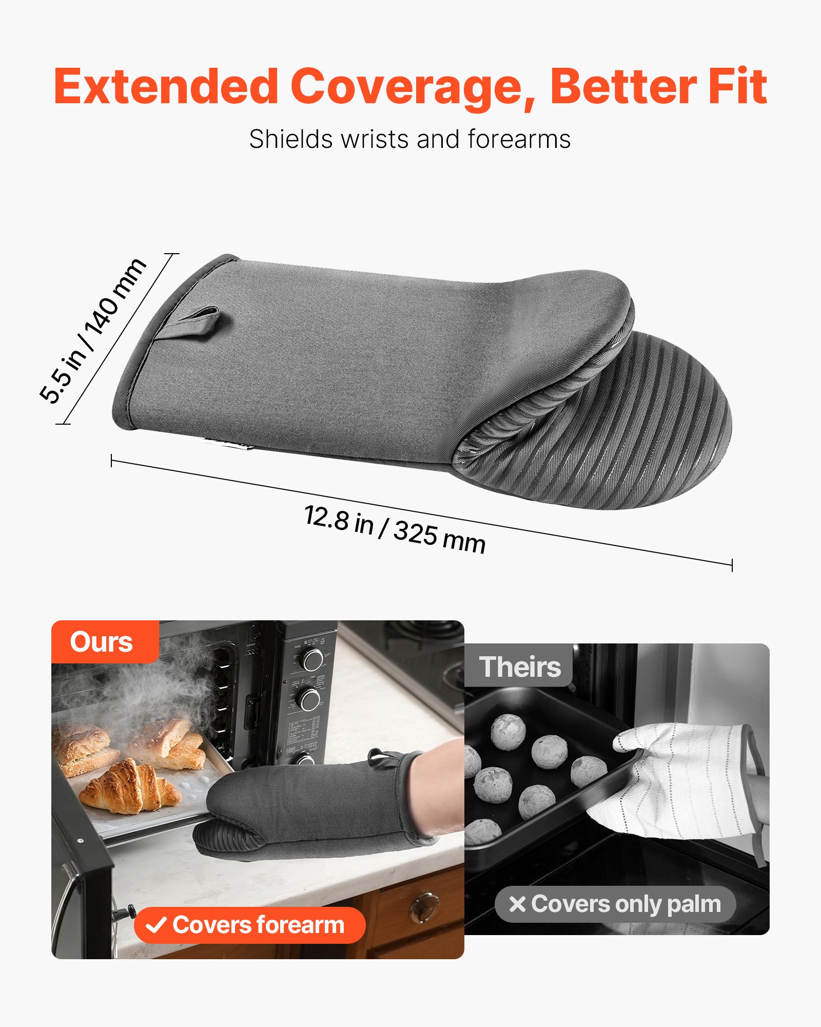 VEVOR Oven Mitts, Mini Oven Mitt Set with Non-Slip Silicone Strips, High Heat Resistant to 500℉, Lightweight Cotton Baking Mitts 13.07 x 6.1 inch with 2 No-Marks Hooks for Home, Kitchen, 2 Piece