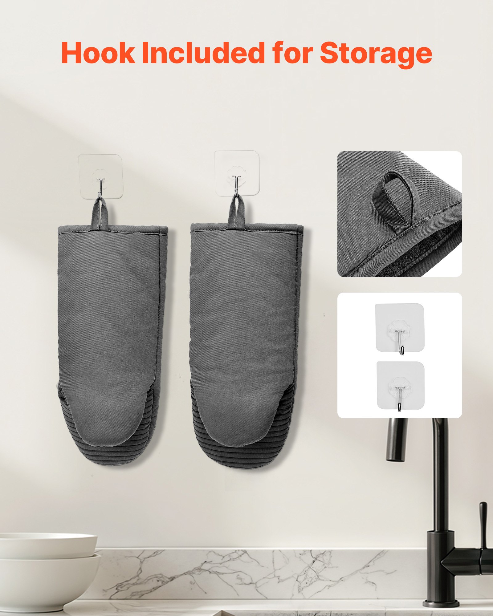 VEVOR Oven Mitts, Mini Oven Mitt Set with Non-Slip Silicone Strips, High Heat Resistant to 500℉, Lightweight Cotton Baking Mitts 13.07 x 6.1 inch with 2 No-Marks Hooks for Home, Kitchen, 2 Piece