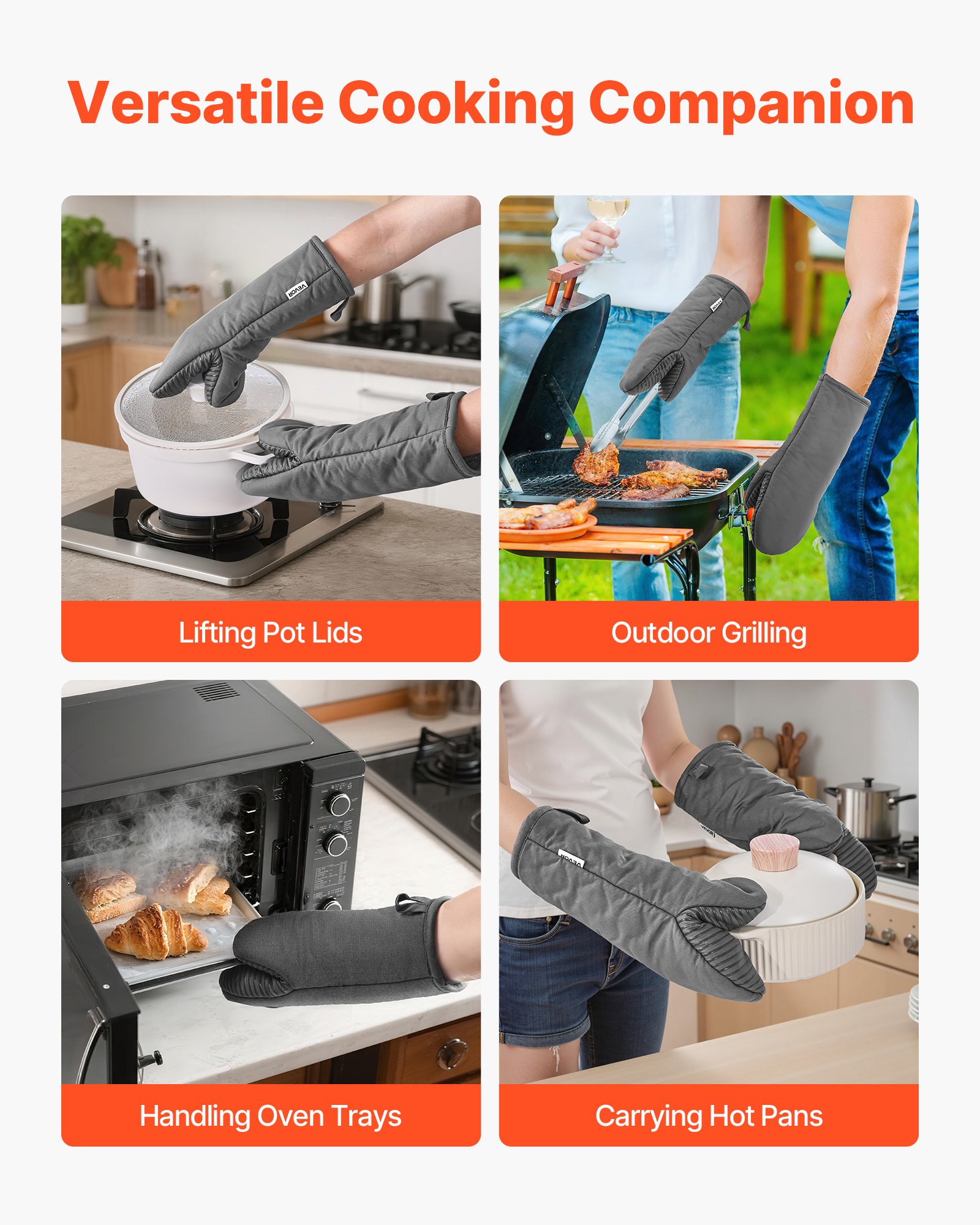 VEVOR Oven Mitts, Mini Oven Mitt Set with Non-Slip Silicone Strips, High Heat Resistant to 500℉, Lightweight Cotton Baking Mitts 13.07 x 6.1 inch with 2 No-Marks Hooks for Home, Kitchen, 2 Piece