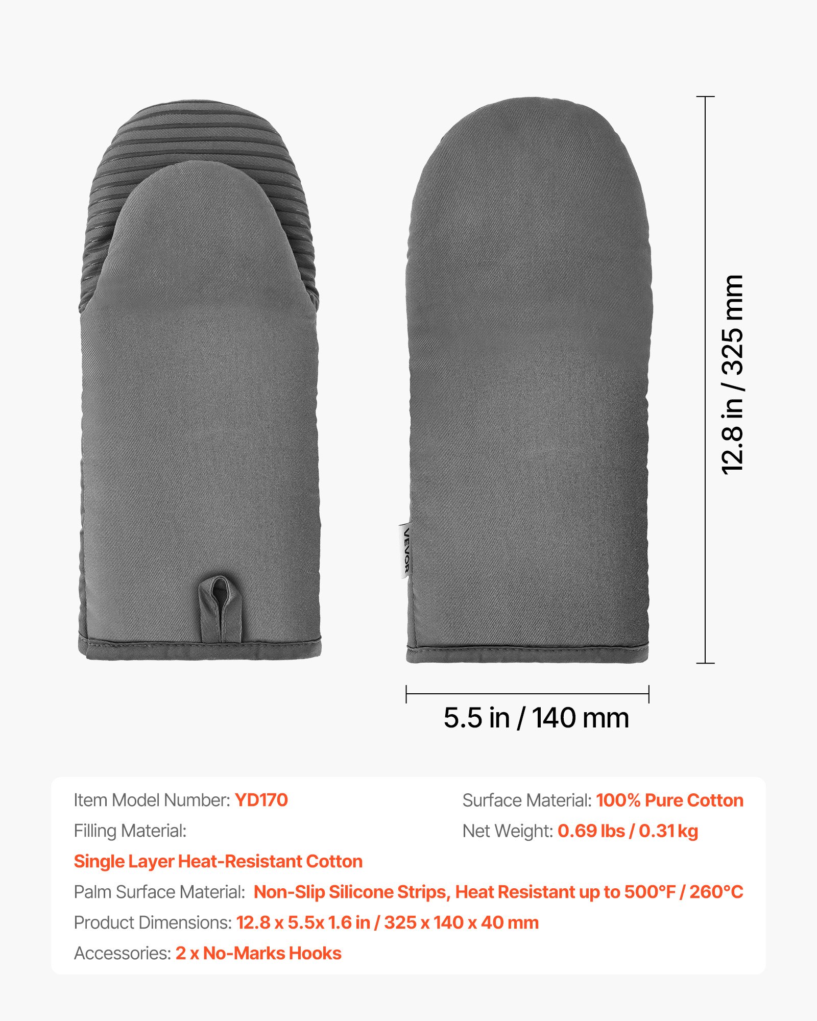 VEVOR Oven Mitts, Mini Oven Mitt Set with Non-Slip Silicone Strips, High Heat Resistant to 500℉, Lightweight Cotton Baking Mitts 13.07 x 6.1 inch with 2 No-Marks Hooks for Home, Kitchen, 2 Piece