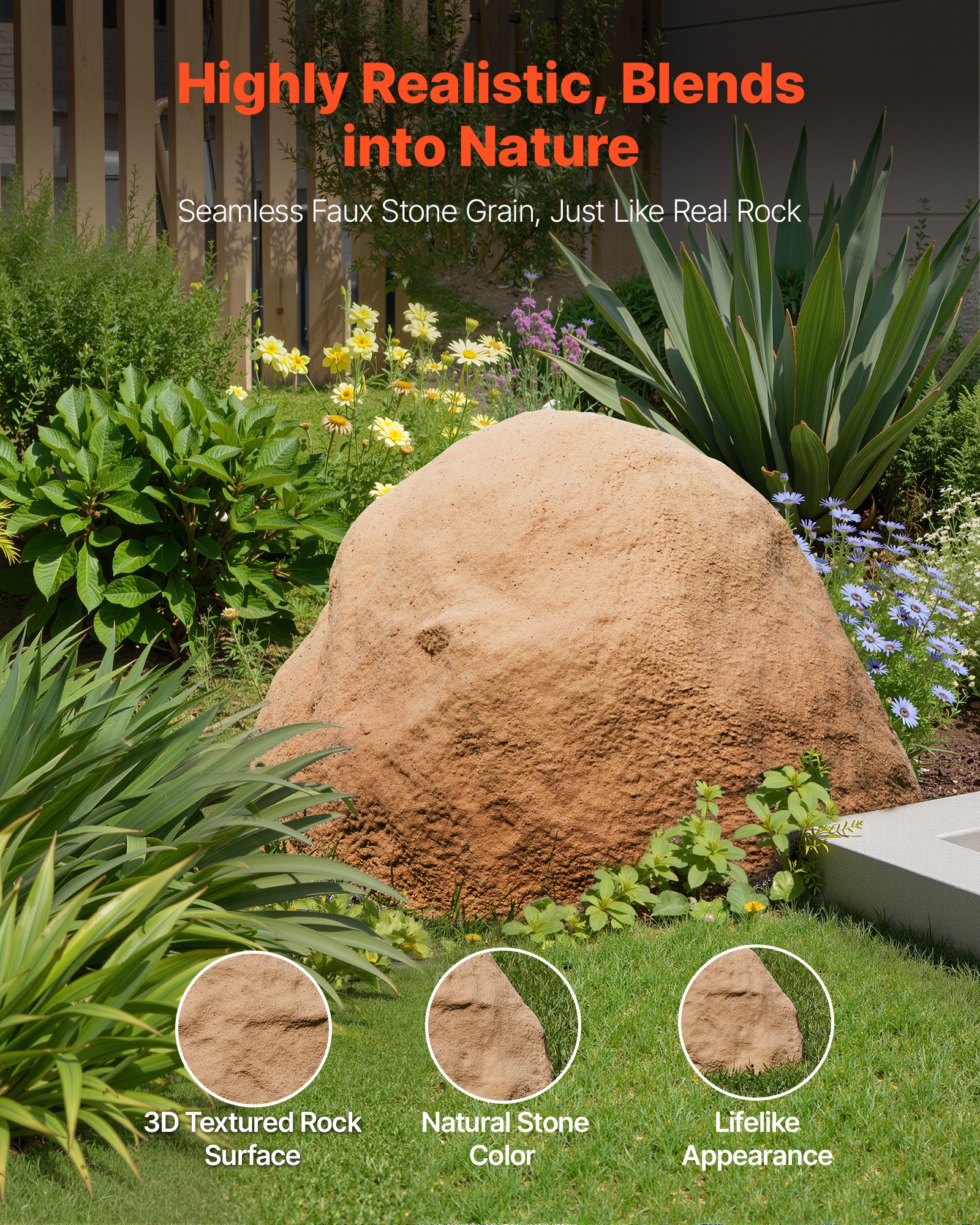 VEVOR Faux Rock Cover, Outdoor Fake Rock Well Pump Cover, Realistic Natural Texture, Lightweight & Weather-Resistant Artificial Boulder for Landscaping Garden Yard Décor, Sandy Brown, Medium Size