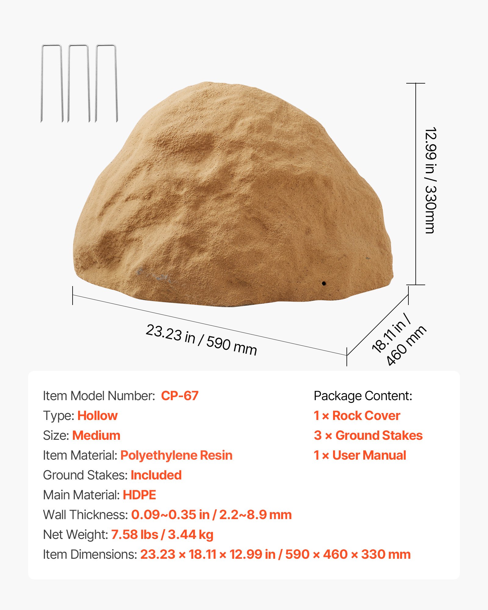 VEVOR Faux Rock Cover, Outdoor Fake Rock Well Pump Cover, Realistic Natural Texture, Lightweight & Weather-Resistant Artificial Boulder for Landscaping Garden Yard Décor, Sandy Brown, Medium Size