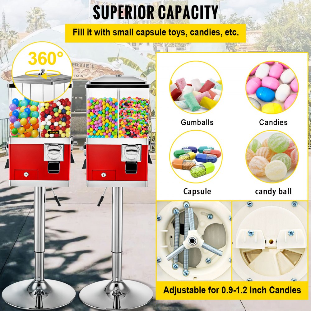 VEVOR Vending Machine with Stand,Rotatable Four Compartments Square Candy Vending Machine, PC & Iron Large Gumball Bank Adjustable Dispenser Wheels for 1" Gumballs (Red)