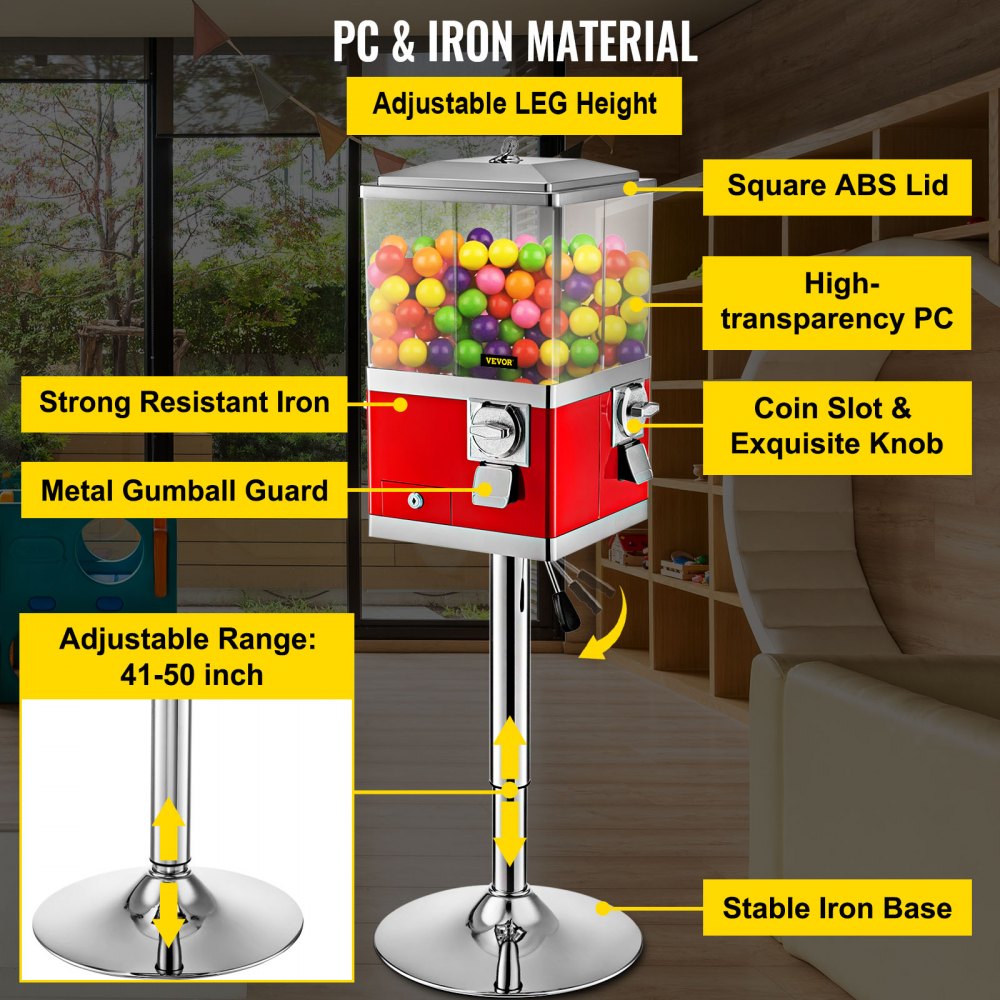 VEVOR Vending Machine with Stand,Rotatable Four Compartments Square Candy Vending Machine, PC & Iron Large Gumball Bank Adjustable Dispenser Wheels for 1" Gumballs (Red)
