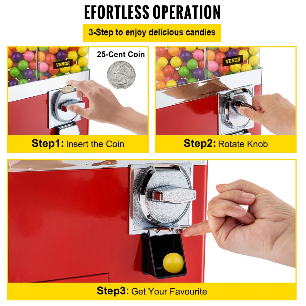 VEVOR Vending Machine with Stand,Rotatable Four Compartments Square Candy Vending Machine, PC & Iron Large Gumball Bank Adjustable Dispenser Wheels for 1" Gumballs (Red)