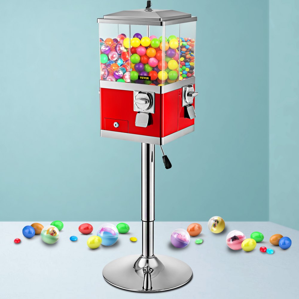 VEVOR Vending Machine with Stand,Rotatable Four Compartments Square Candy Vending Machine, PC & Iron Large Gumball Bank Adjustable Dispenser Wheels for 1" Gumballs (Red)