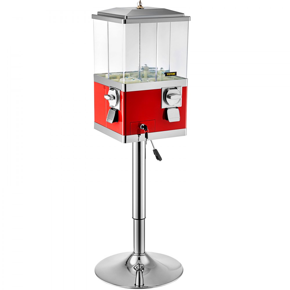 VEVOR Vending Machine with Stand,Rotatable Four Compartments Square Candy Vending Machine, PC & Iron Large Gumball Bank Adjustable Dispenser Wheels for 1" Gumballs (Red)