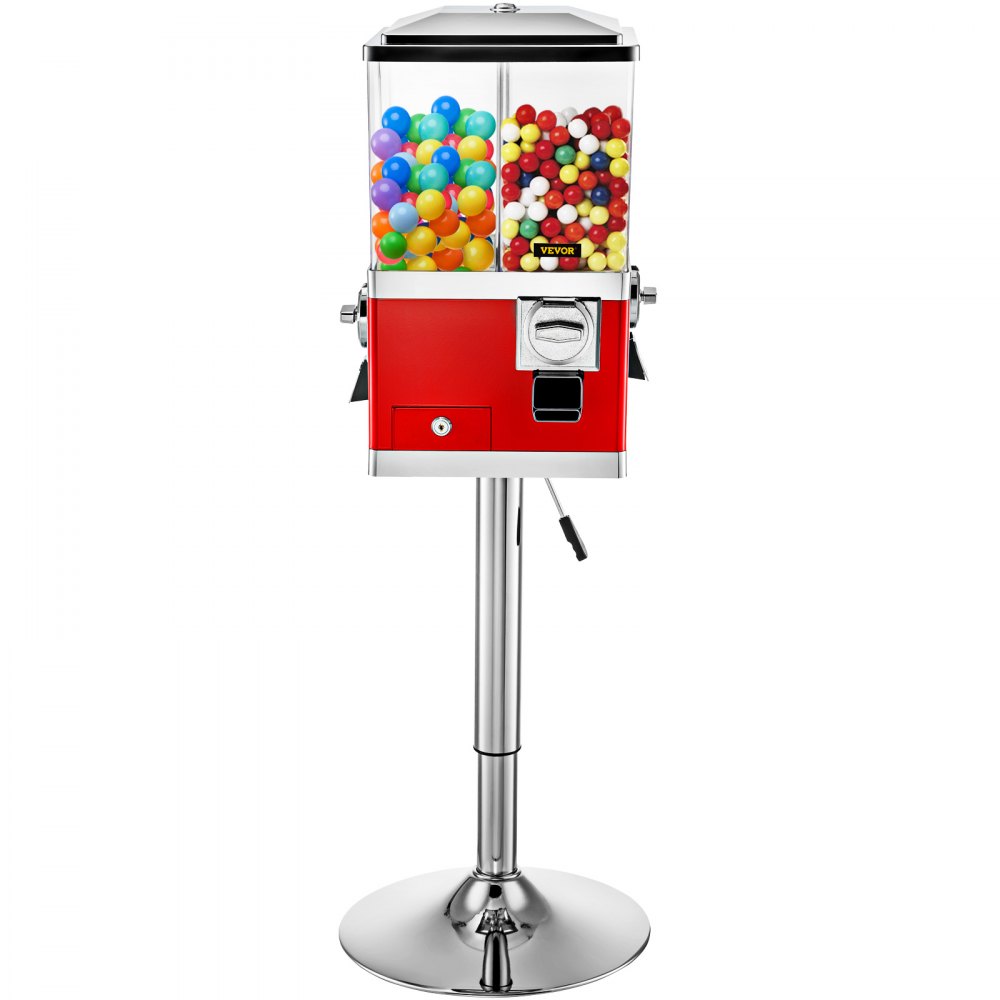 VEVOR Vending Machine with Stand,Rotatable Four Compartments Square Candy Vending Machine, PC & Iron Large Gumball Bank Adjustable Dispenser Wheels for 1" Gumballs (Red)