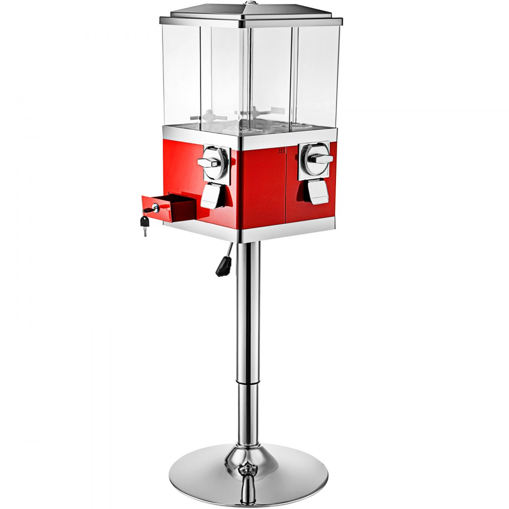 VEVOR Vending Machine with Stand,Rotatable Four Compartments Square Candy Vending Machine, PC & Iron Large Gumball Bank Adjustable Dispenser Wheels for 1" Gumballs (Red)