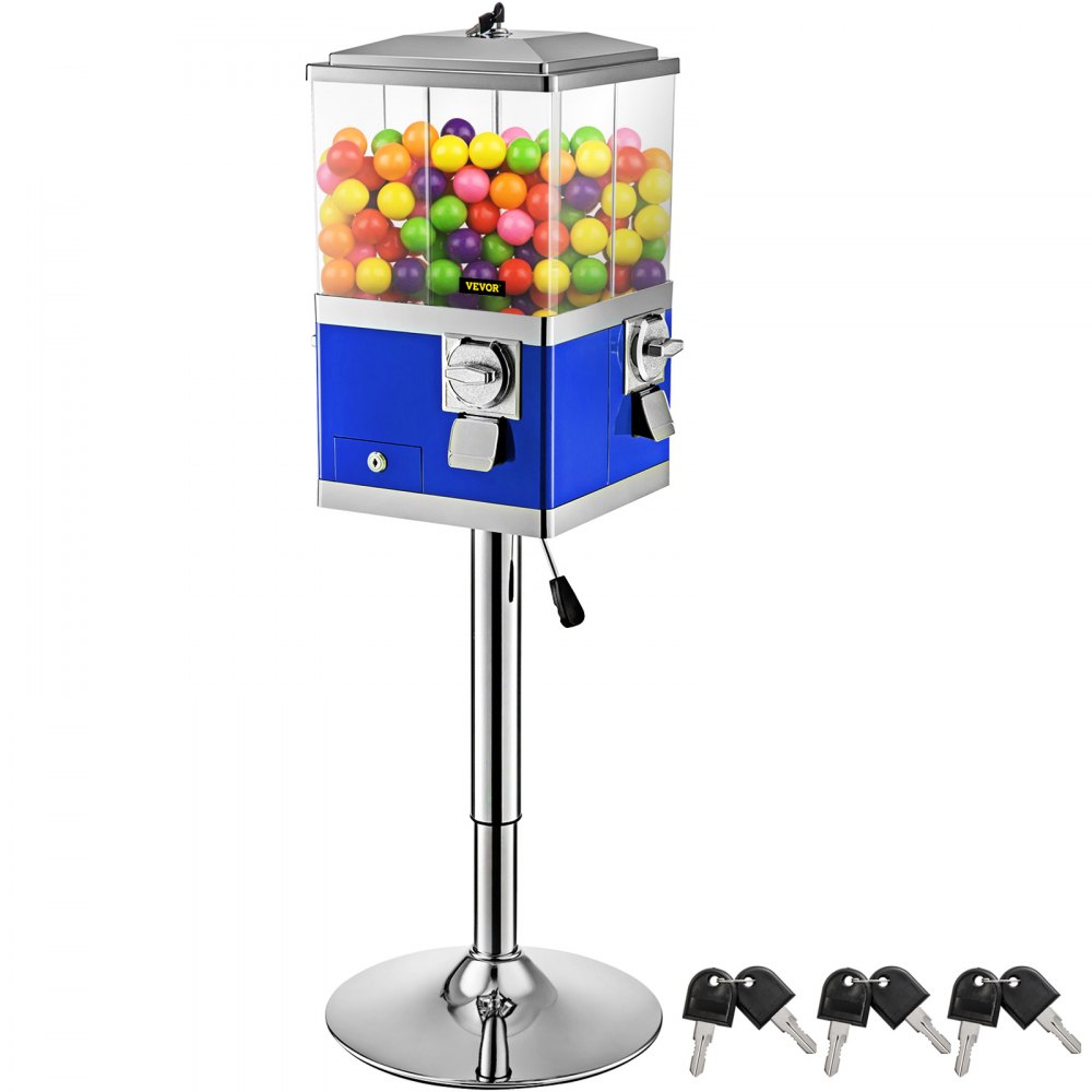 VEVOR Vending Machine with Stand, Blue Quarter Candy Dispenser, Rotatable Four Compartments Square Candy Vending Machine, PC & Iron Large Gumball Bank Adjustable Dispenser Wheels for 1 inch Gumballs