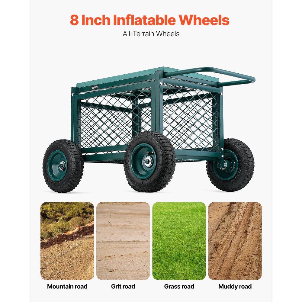 VEVOR Rolling Garden Cart with Seat, Metal Rolling Garden Work Seat with Wheels, Supports up to 181 kg, Heavy Duty Gardening Cart Scooter, Outdoor Wagon & Stool on Wheels for Lawn, Patio, Backyard