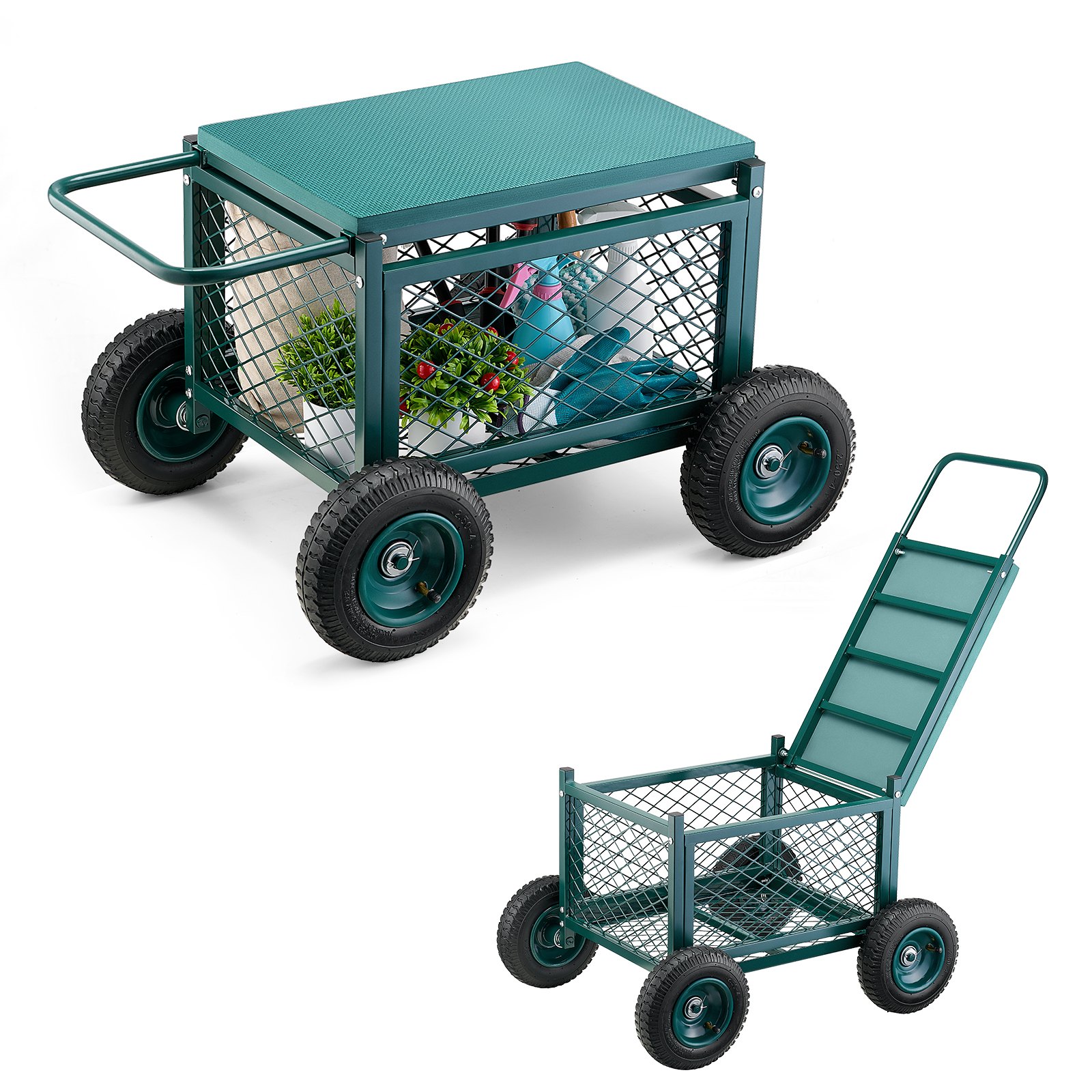 VEVOR Rolling Garden Cart with Seat, Metal Rolling Garden Work Seat with Wheels, Supports up to 181 kg, Heavy Duty Gardening Cart Scooter, Outdoor Wagon & Stool on Wheels for Lawn, Patio, Backyard