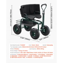 Rolling Garden Cart with Swivel Seat Backrest Toolbox Wheel Extendable Handle