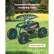 Outdoor Rolling Garden Cart with Swivel Seat All-Terrain Wheels Tool Tray 300lbs