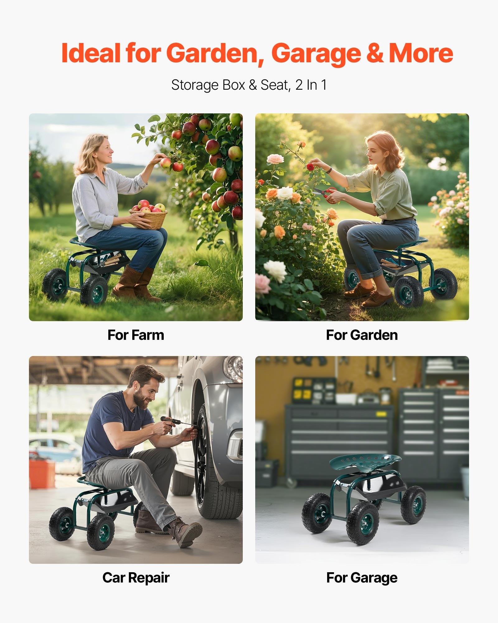 VEVOR  Rolling Garden Cart with Swivel Seat, Heavy Duty Garden Seat with Storage Basket & Tool Tray, 300 lbs Weight Capacity, Outdoor Utility Gardening Stool Scooter for Lawn Yard Planting Weeding