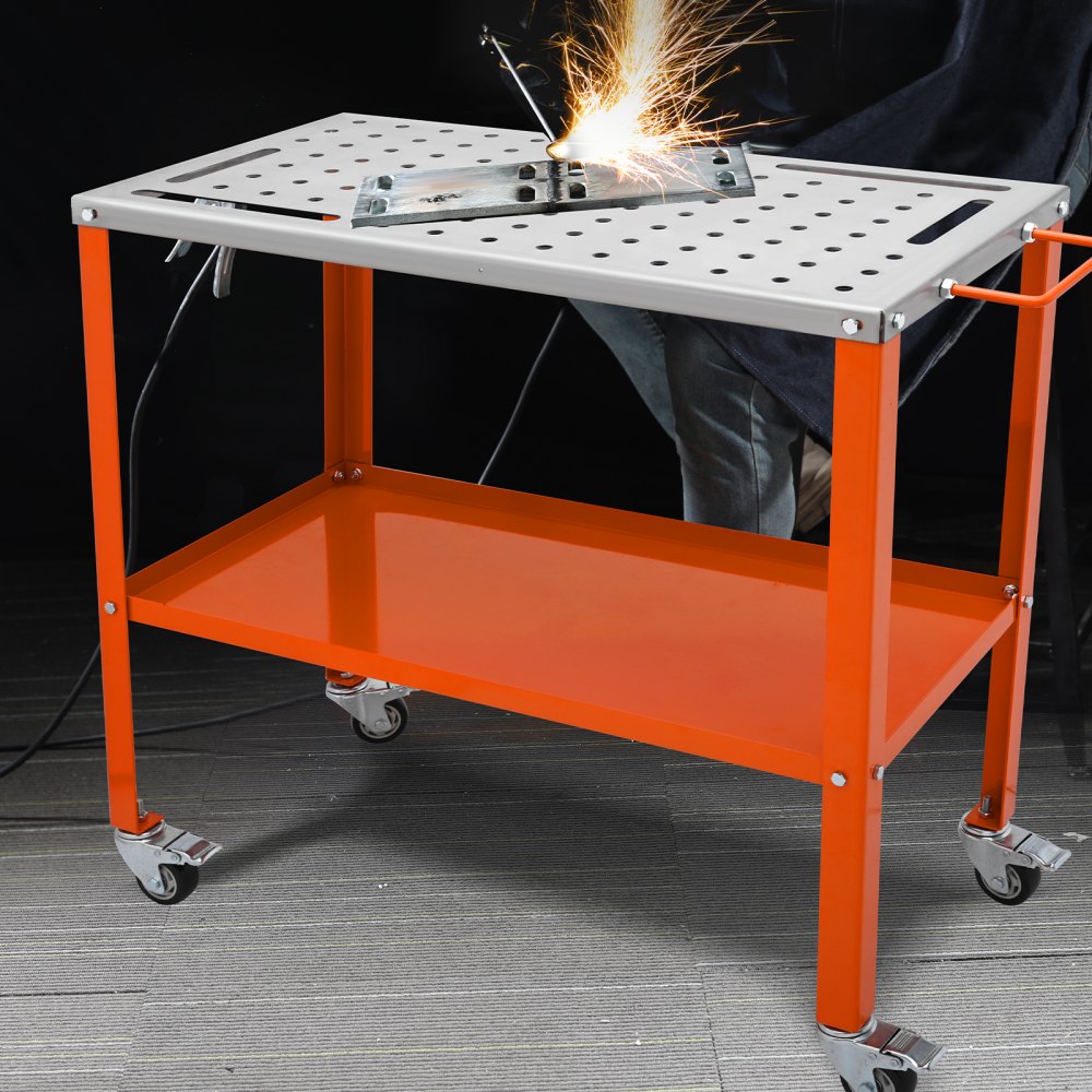 Masă de sudură VEVOR 36" x 18", 1200 lbs Capacitate de încărcare Banc de lucru din oțel pentru sudare Masă pe roți, Banc de lucru portabil cu 2 straturi cu roți de frânare, 4 sloturi pentru scule, găuri de fixare de 5/8 inci