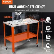VEVOR Welding Table 36" x 18", 1200lbs Load Capacity Steel Welding Workbench Table on Wheels, 2 Layers Portable Work Bench with Braking Casters, 4 Tool Slots, 5/8-inch Fixture Holes