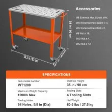 VEVOR Welding Table 36" x 18", 1200lbs Load Capacity Steel Welding Workbench Table on Wheels, 2 Layers Portable Work Bench with Braking Casters, 4 Tool Slots, 5/8-inch Fixture Holes