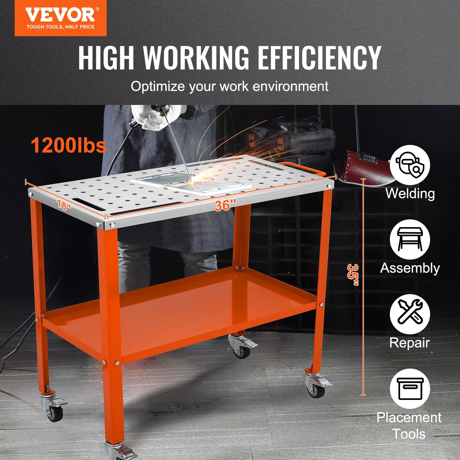 Masă de sudură VEVOR 36" x 18", 1200 lbs Capacitate de încărcare Banc de lucru din oțel pentru sudare Masă pe roți, Banc de lucru portabil cu 2 straturi cu roți de frânare, 4 sloturi pentru scule, găuri de fixare de 5/8 inci