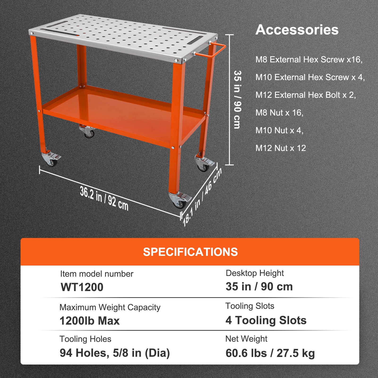 Masă de sudură VEVOR 36" x 18", 1200 lbs Capacitate de încărcare Banc de lucru din oțel pentru sudare Masă pe roți, Banc de lucru portabil cu 2 straturi cu roți de frânare, 4 sloturi pentru scule, găuri de fixare de 5/8 inci