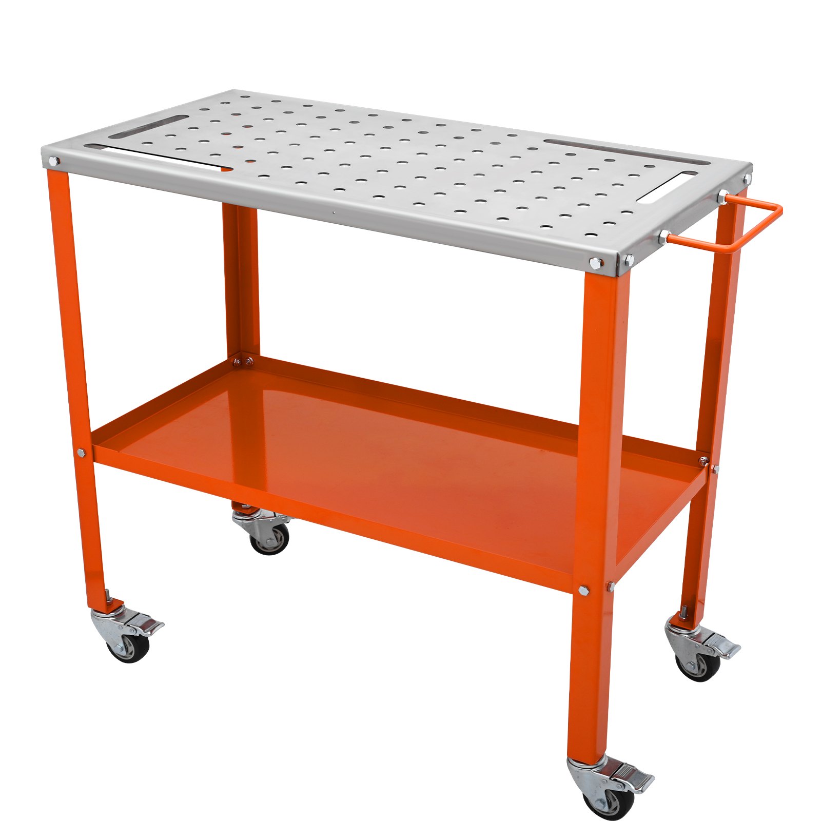 Masă de sudură VEVOR 36" x 18", 1200 lbs Capacitate de încărcare Banc de lucru din oțel pentru sudare Masă pe roți, Banc de lucru portabil cu 2 straturi cu roți de frânare, 4 sloturi pentru scule, găuri de fixare de 5/8 inci