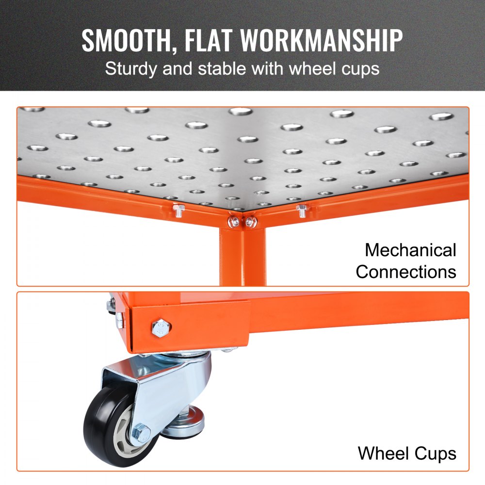 VEVOR welding table showcasing smooth, flat work surface, mechanical connections, and sturdy wheel cups.