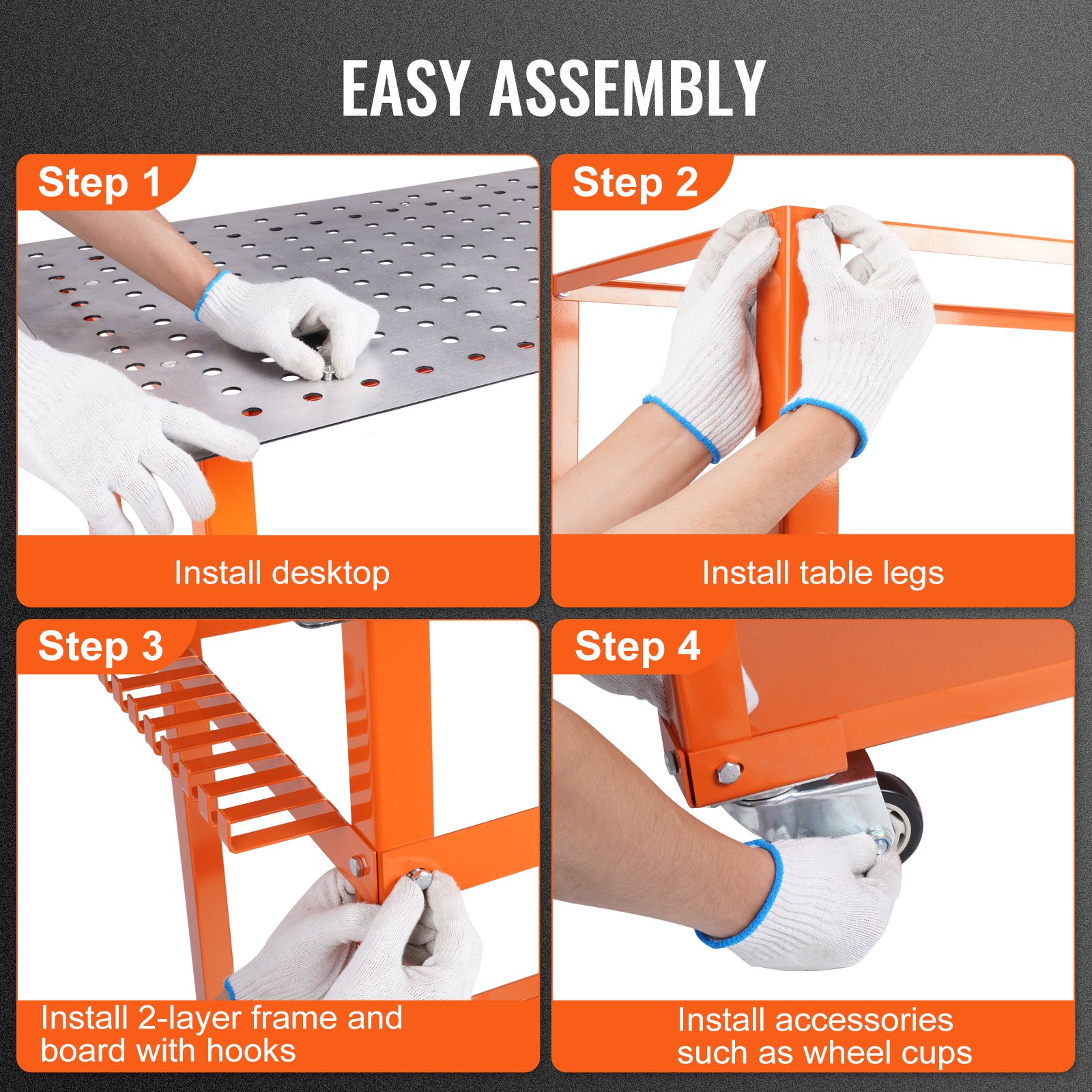 step-by-step assembly of the VEVOR welding table, installing desktop, legs, hooks, and wheel cups.
