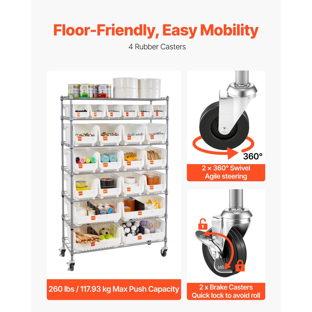 VEVOR 7-Tier Rolling Bin Storage Rack, 22 Organizer Bins, Bin Rack Storage Steel Wire Shelving System with Wheels, Mobile Tool Organizer for Garage, Warehouse, Office, Restaurant, Classroom, Kitchen