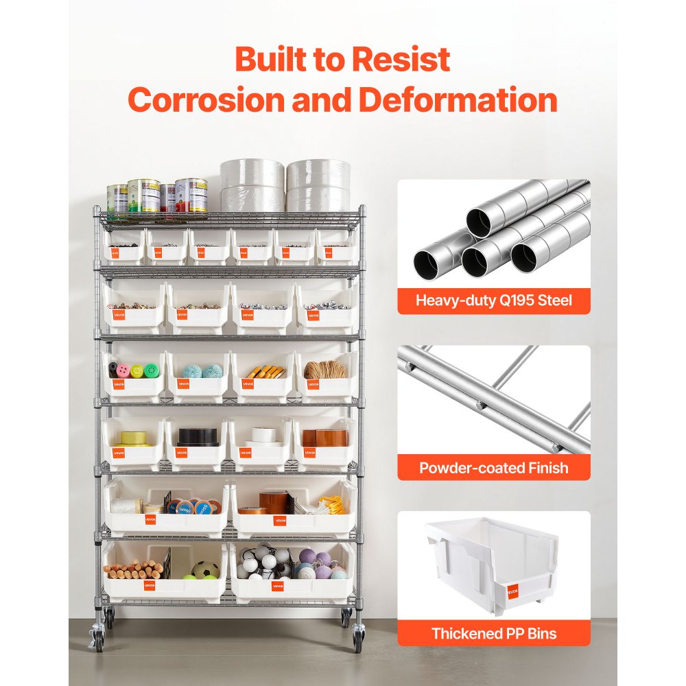VEVOR 7-Tier Rolling Bin Storage Rack, 22 Organizer Bins, Bin Rack Storage Steel Wire Shelving System with Wheels, Mobile Tool Organizer for Garage, Warehouse, Office, Restaurant, Classroom, Kitchen