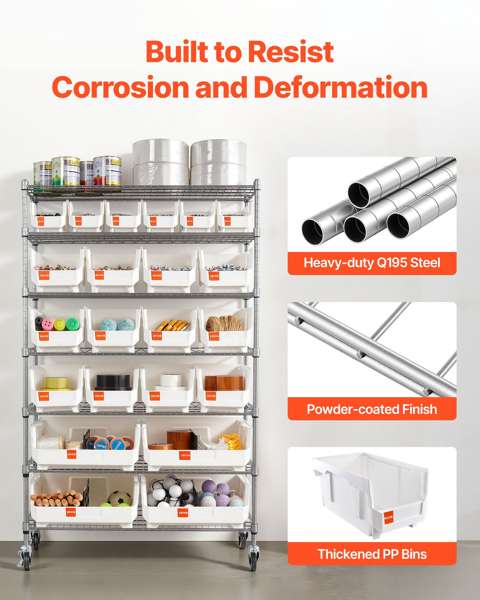 VEVOR 7-Tier Rolling Bin Storage Rack, 22 Organizer Bins, Bin Rack Storage Steel Wire Shelving System with Wheels, Mobile Tool Organizer for Garage, Warehouse, Office, Restaurant, Classroom, Kitchen