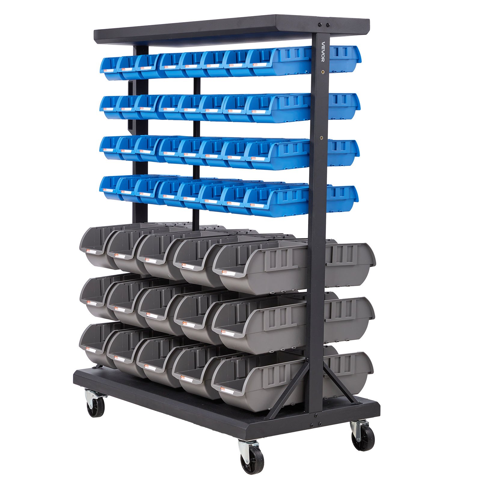 VEVOR 7-Tier Double-Sided Rolling Bin Storage Rack, 94 Plastic Bins, Dual-Sided Parts Organizer with Wheels, Mobile Tool Organizer for Garage, Warehouse, Office, Restaurant, Classroom, Kitchen