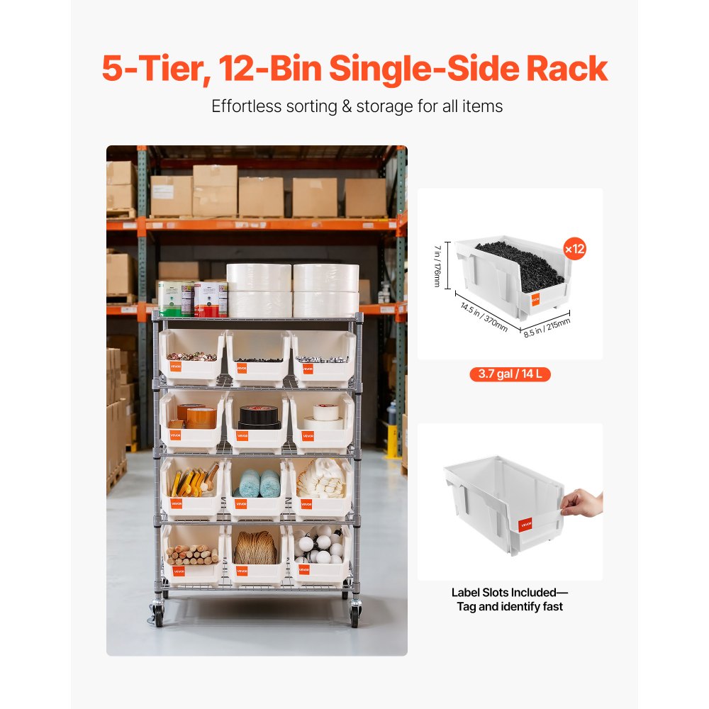 VEVOR 5-Tier Rolling Bin Storage Rack, 12 Organizer Bins, Bin Rack Storage Steel Wire Shelving System with Wheels, Mobile Tool Organizer for Garage, Warehouse, Office, Restaurant, Classroom, Kitchen