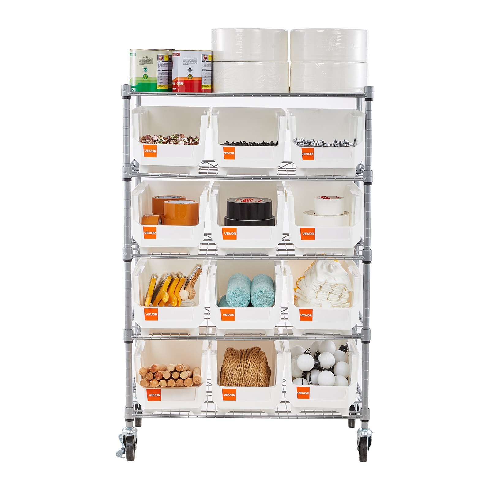 VEVOR 5-Tier Rolling Bin Storage Rack, 12 Organizer Bins, Bin Rack Storage Steel Wire Shelving System with Wheels, Mobile Tool Organizer for Garage, Warehouse, Office, Restaurant, Classroom, Kitchen