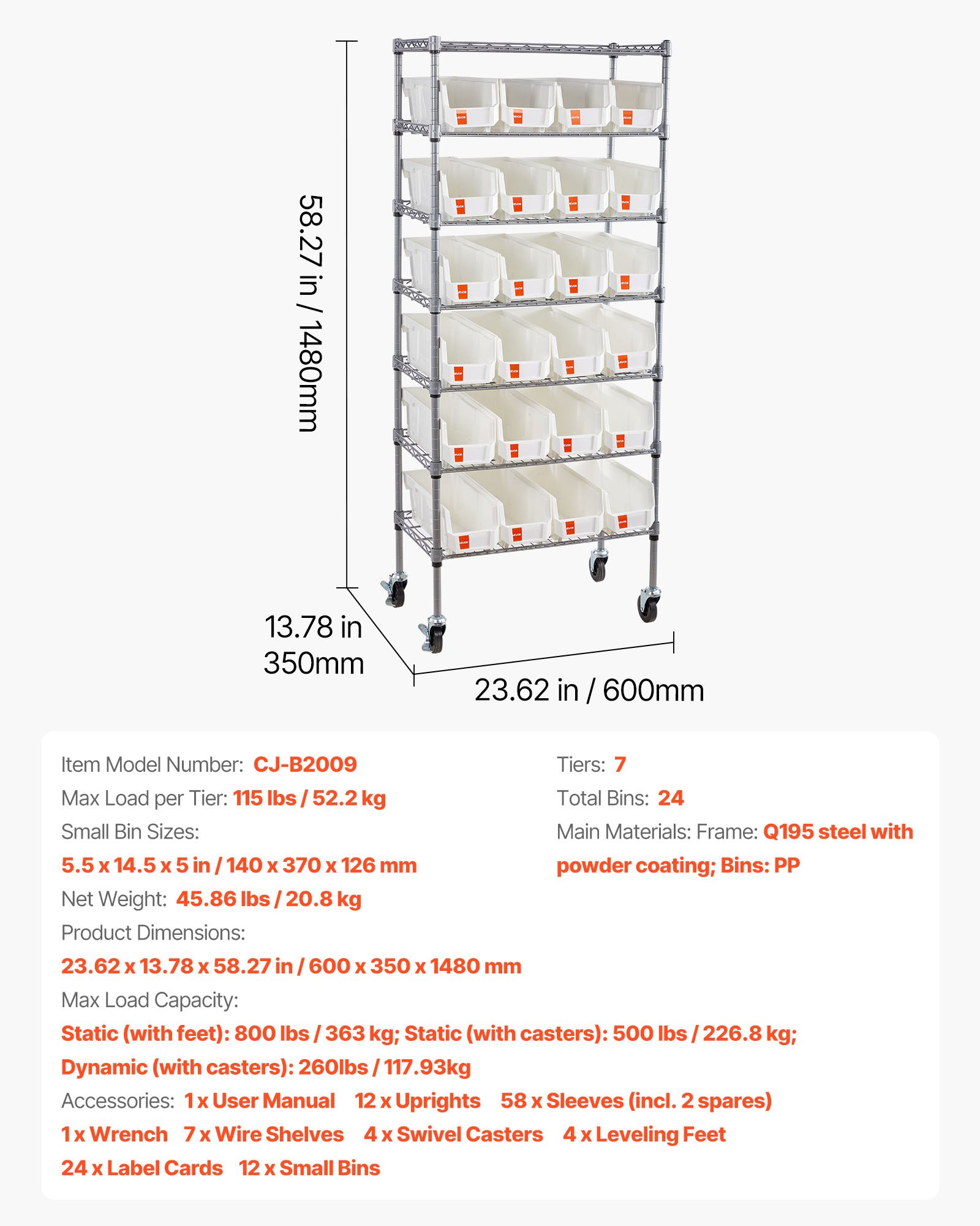 VEVOR 7-Tier Rolling Bin Storage Rack, 24 Small Bins, Bin Rack Storage Steel Wire Shelving System with Wheels, Mobile Tool Organizer for Garage, Warehouse, Office, Restaurant, Classroom, Kitchen