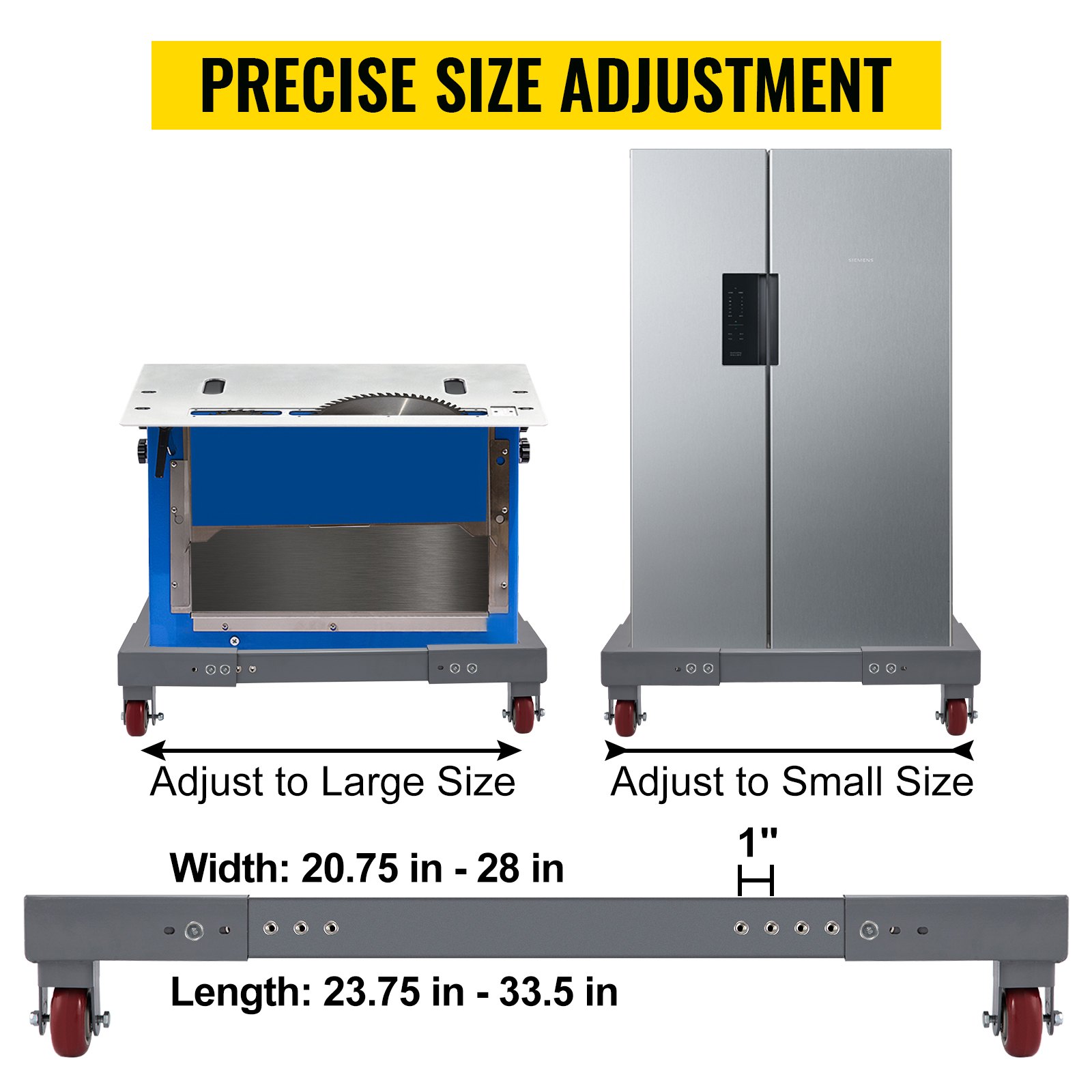 VEVOR Adjustable Universal Mobile Base 1500 LBS Load-Bearing Capacity Heavy-Duty Mobile Base Rolling Mobile Base with Locking Levers, Used for Mobilizing Woodworking Equipment, Fridge, Washing Machine